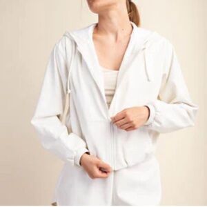 Faux Leather Ivory Zip-Up Hoodie Jacket